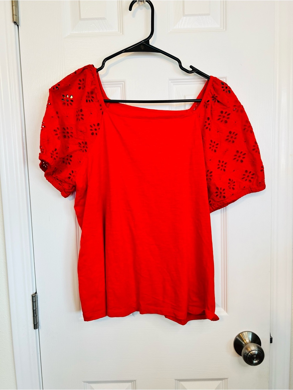 St. John's Bay Red Puff Sleeve Eyelet Top
